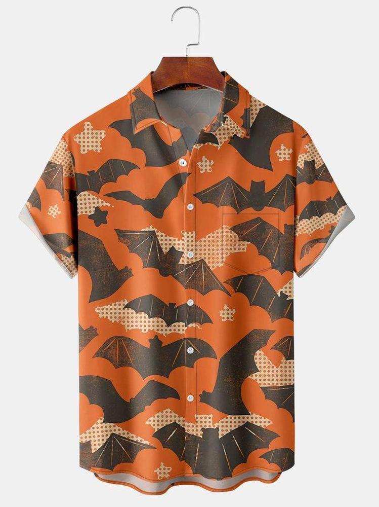 Menx27s Halloween Bat Print Short Sleeve Hawaiian Shirt With Chest Pocket