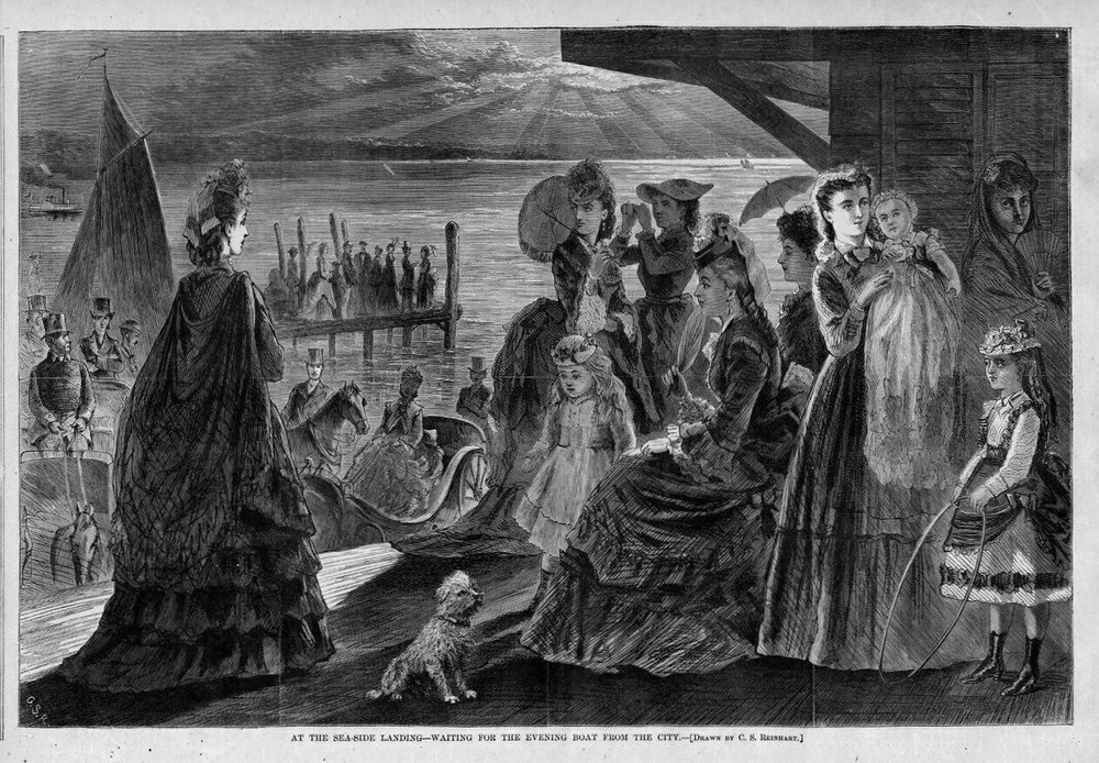 SEASIDE LANDING WOMEN CHILDREN WATCHING FOR THE EVENING CITY STEAMBOAT CARRIAGES