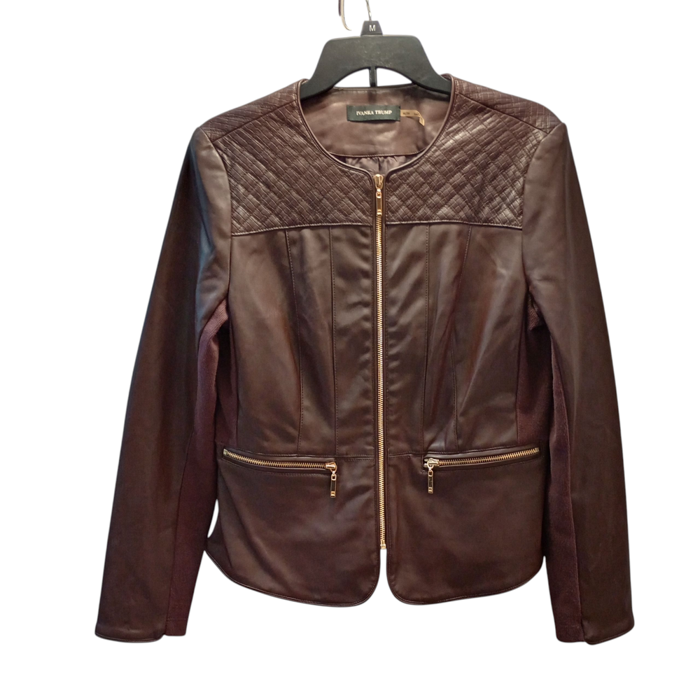 Ivanka Trump Women's Brown Faux Leather Jacket with Gold Zippers Medium