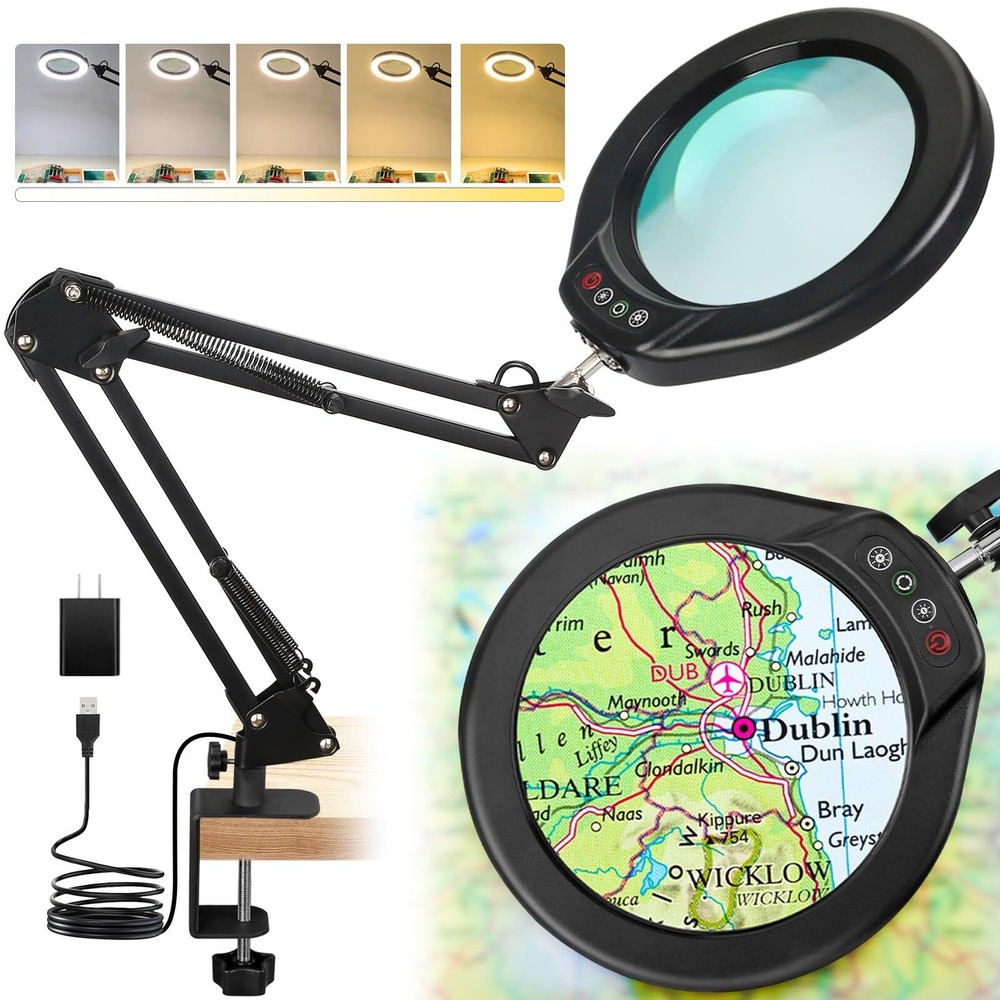 5 Inch Real Glass Magnifying Glass with Light and Clamp, 10X LED Adjustable S...