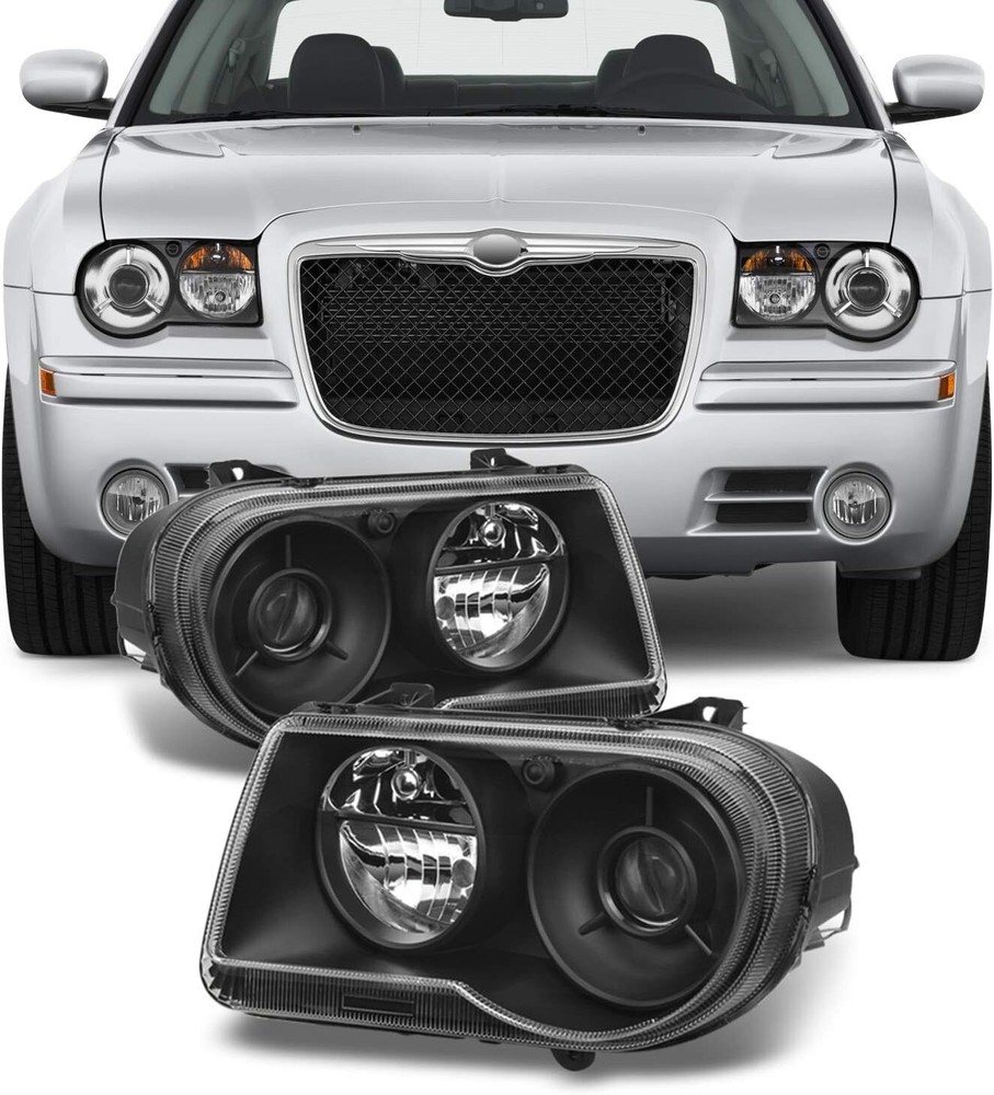 Black Bezel 05-10 Chrysler 300C Headlights Front Lamps Direct Replacement Pair L