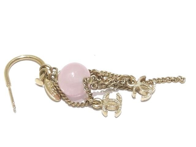 CHANEL CC Pink Stone Fringe Charm Stud Earrings in Gold Tone