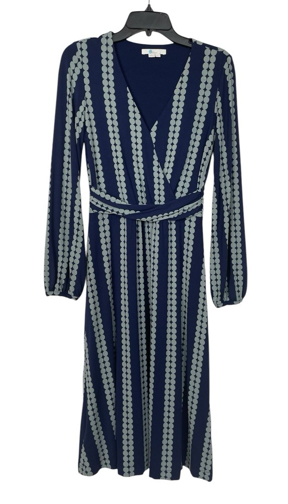 Boden Hayden Jersey Dress Polka Dot Midi Blue Faux Wrap Long Sleeve Size 4