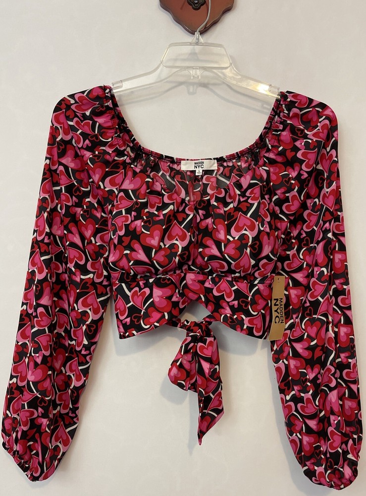 Blusa acolchada Madden NYC para mujer grande negra con estampado de corazón recortada con volantes nueva con etiquetas A5828