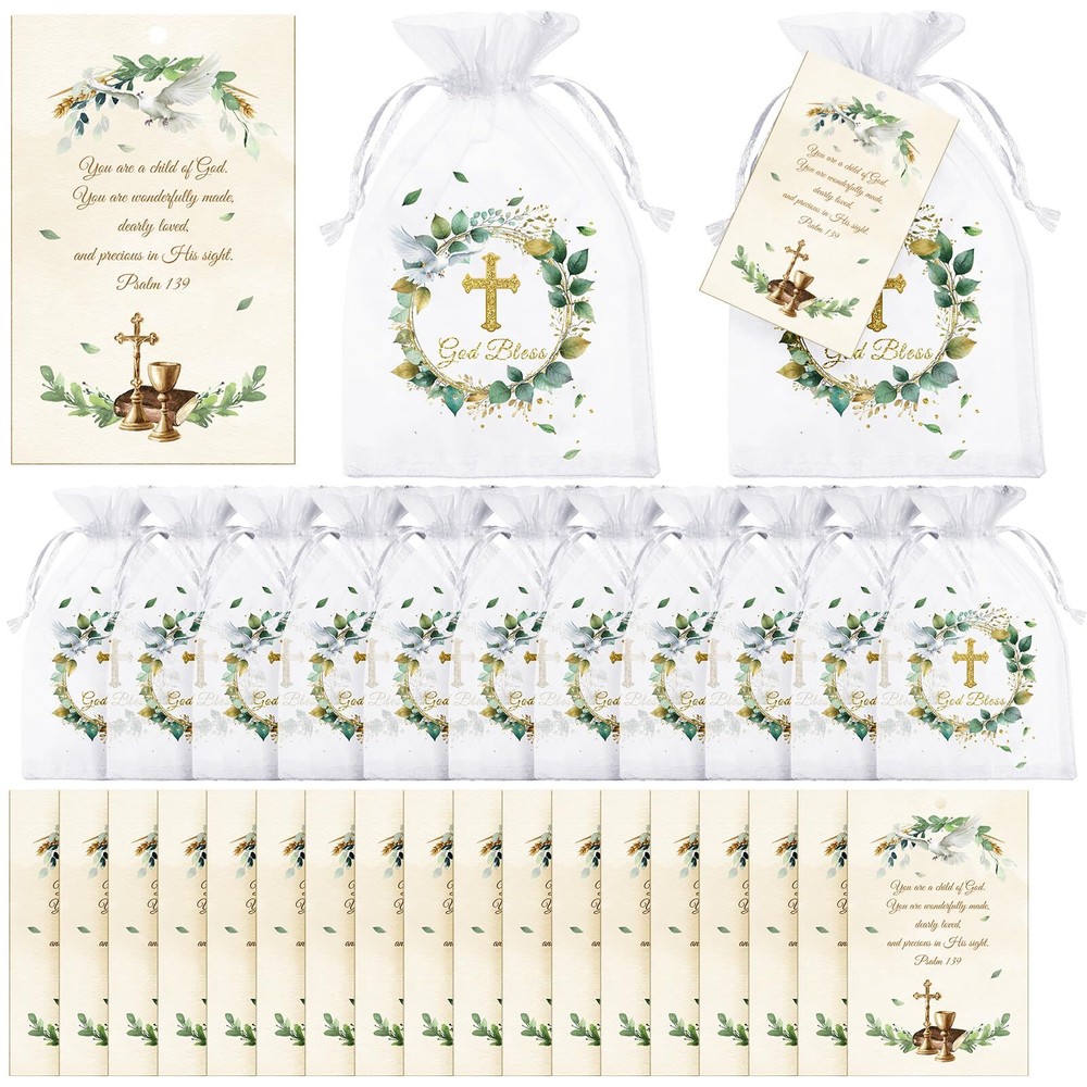 50 Sets Baptism Party Gift, Greenery God Bless Drawstring Bags with First Com...