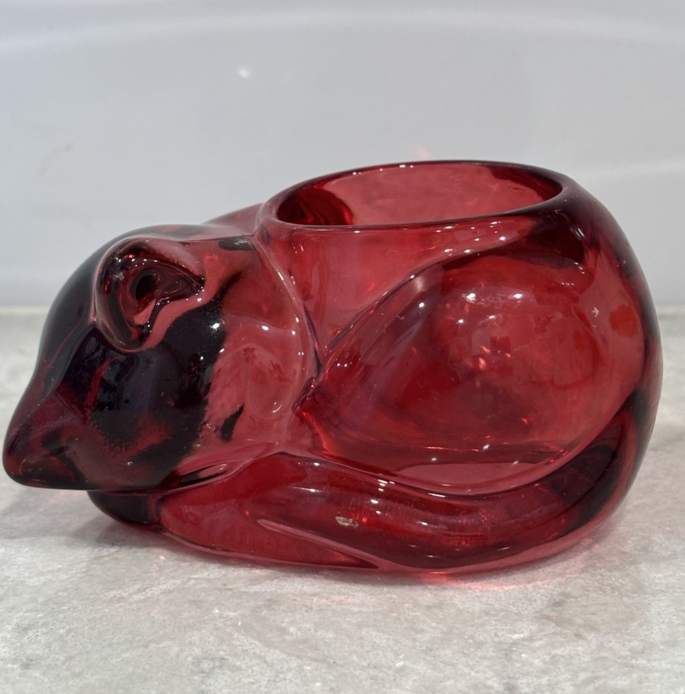 Vintage Red Indiana Glass Sleeping Cat Votive Candy Dish