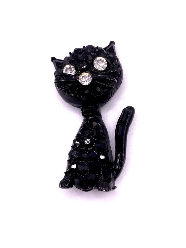 Vintage Signed Pell Black Cat Pin Rhinestones, Black Japanned Setting