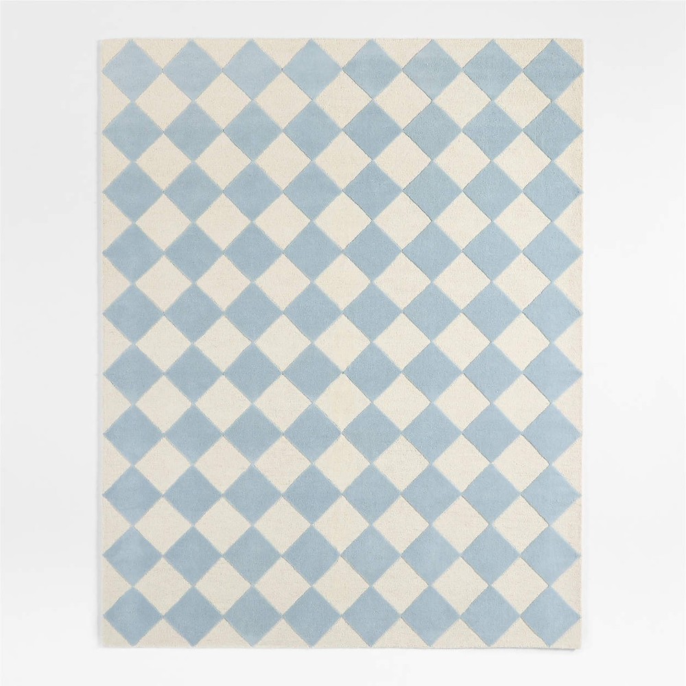 Checkerboard Blue Wool Kids Area Rug Hand-Tufted Rug for Home 5x8 6x9 8x10 9x12
