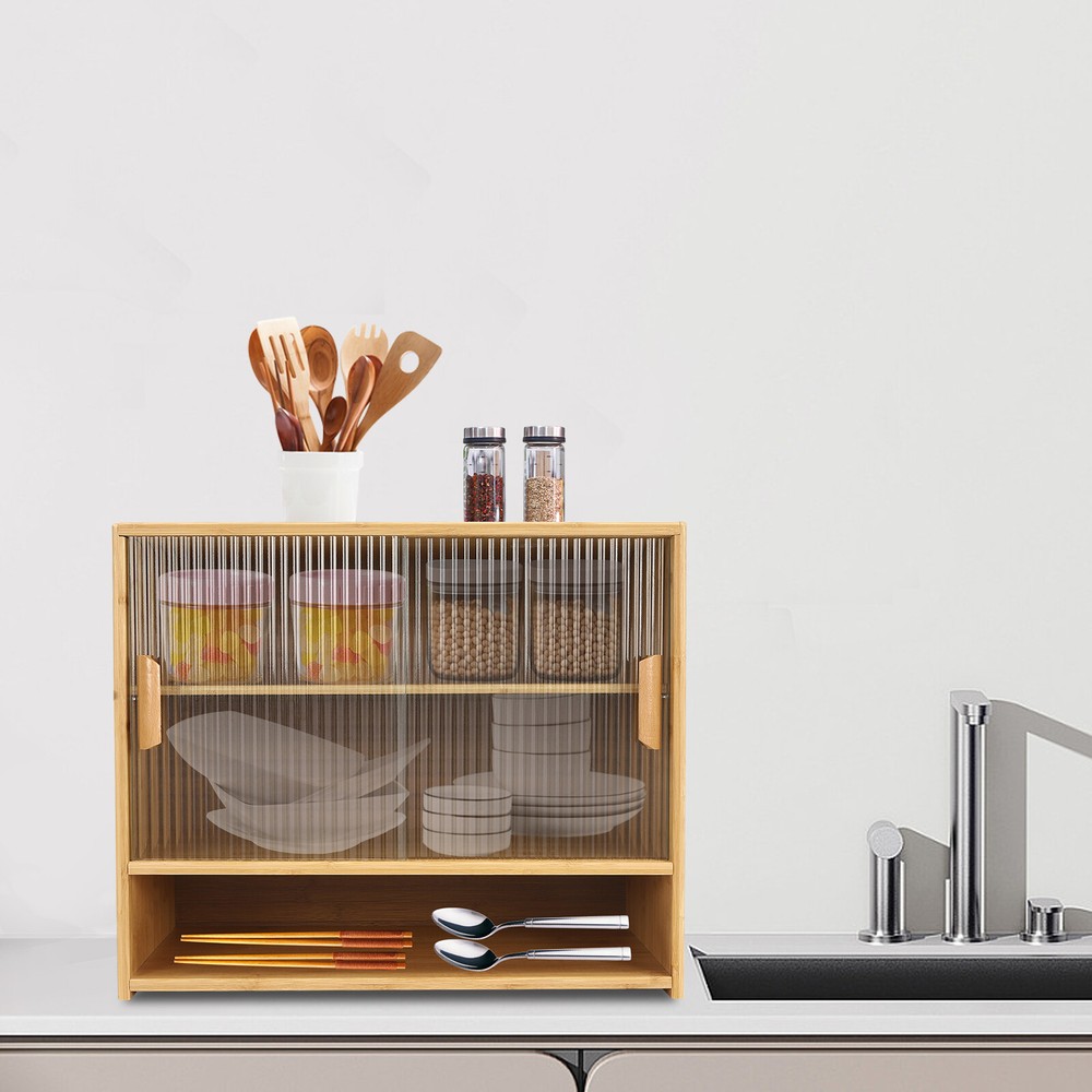 Compact Bamboo Kitchen Pantry Sideboard with Countertop Storage Cabinet  