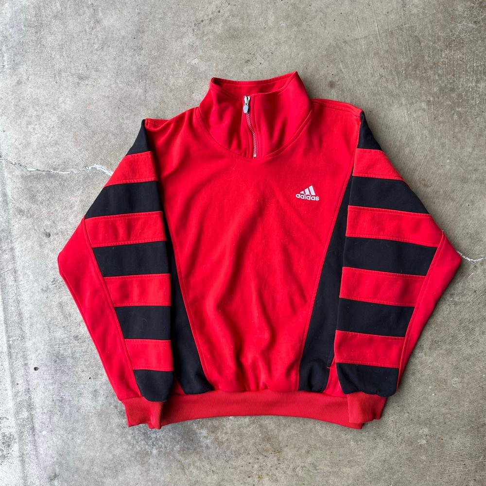Vintage 90s Adidas 1/4 Zip Crewneck Sweatshirt Small Red Black Euro Fit