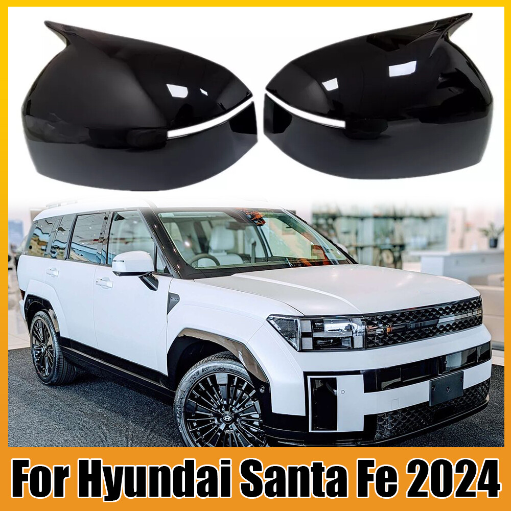 2X Gloss Black Ox Horn Rearview Mirror Cover Trim Caps For 2024 Hyundai Santa Fe