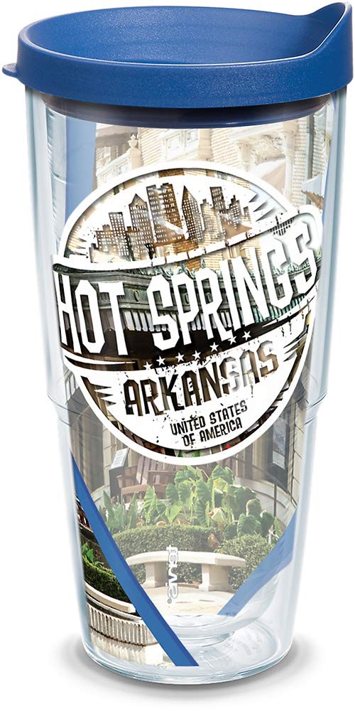 Arkansas Hot Springs 24oz Insulated Tumbler with Blue Lid and Wrap in Clear