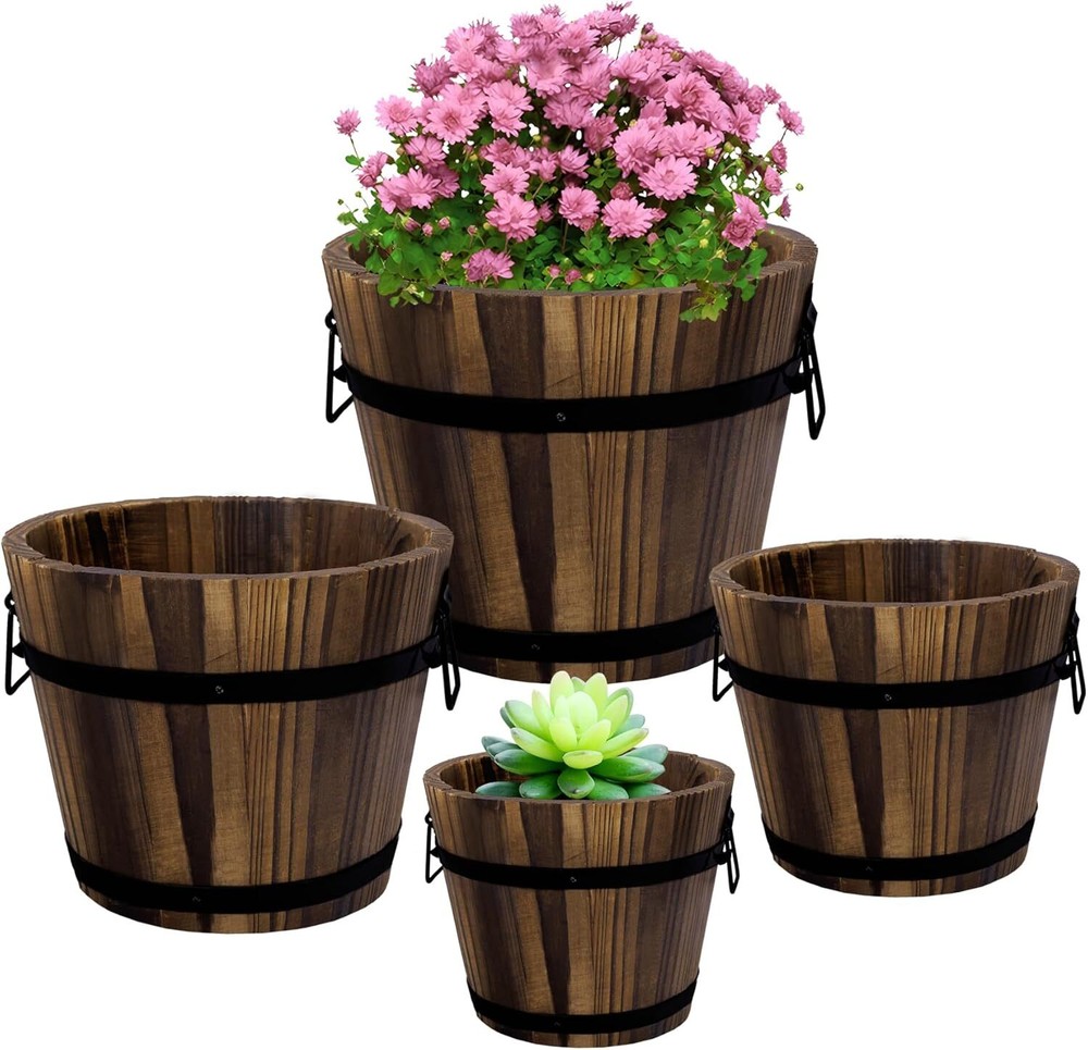 Adnee 4 Pack Wooden Whiskey Barrel Planters in 4 Sizes - Rustic Wood Bucket Barrels
