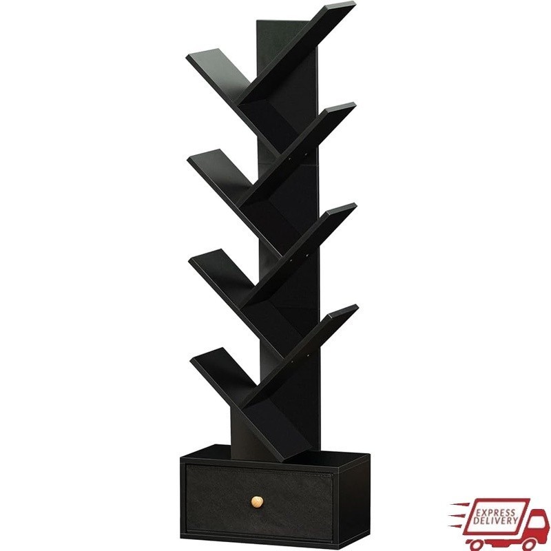 8 Layer Tree Bookshelf Tall Narrow Storage Bookcase W/ Drawer Small Spaces New