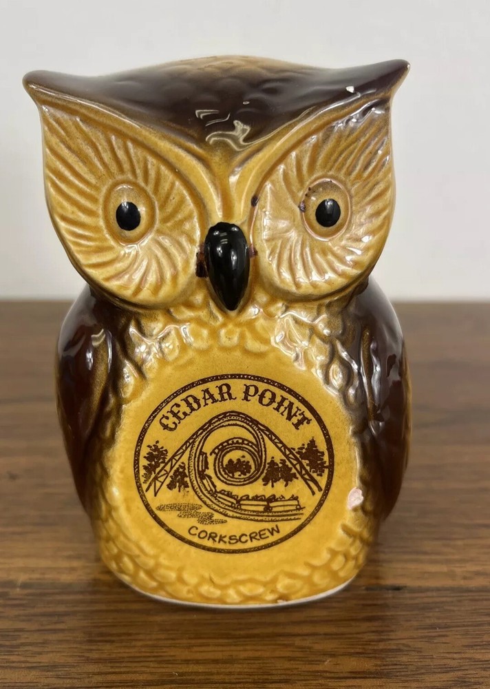 Vintage Cedar Point Ceramic Owl Coin bank  Japan Corkscrew Rollercoaster 4”