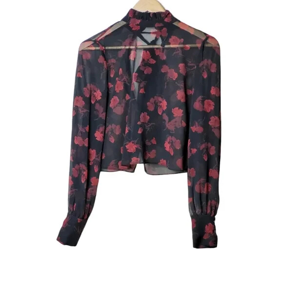 Zara  Womens High Neck Black SheerMesh  Long Sleeve Multi Print Crop Top Blouse