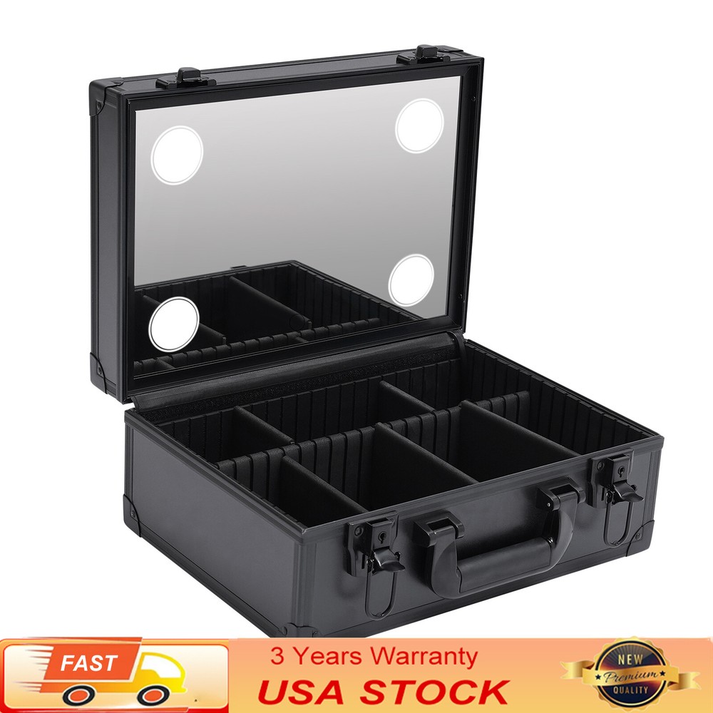 Makeup Train Case Travel Cosmetic Organizer Suitcase AND Mirror + 4 LED Light🔥