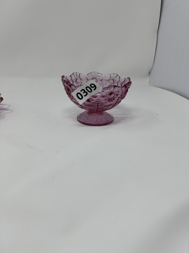Vintage Ruffled Edge Cranberry Pink Glass Pedestal Bowl with Textured Design