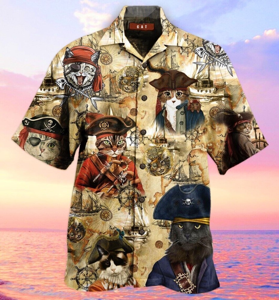 Cat Hawaiian Shirt Vintage Pirate Cat 3D Hawaii Shirt Summer Short Sleeve S 5XL