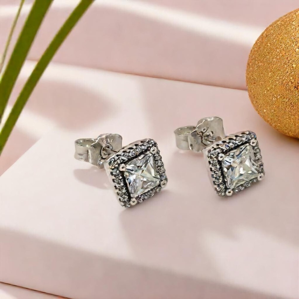 Square Halo Stud Earrings Everyday Elegance Sterling Silver Square Stud Earrings
