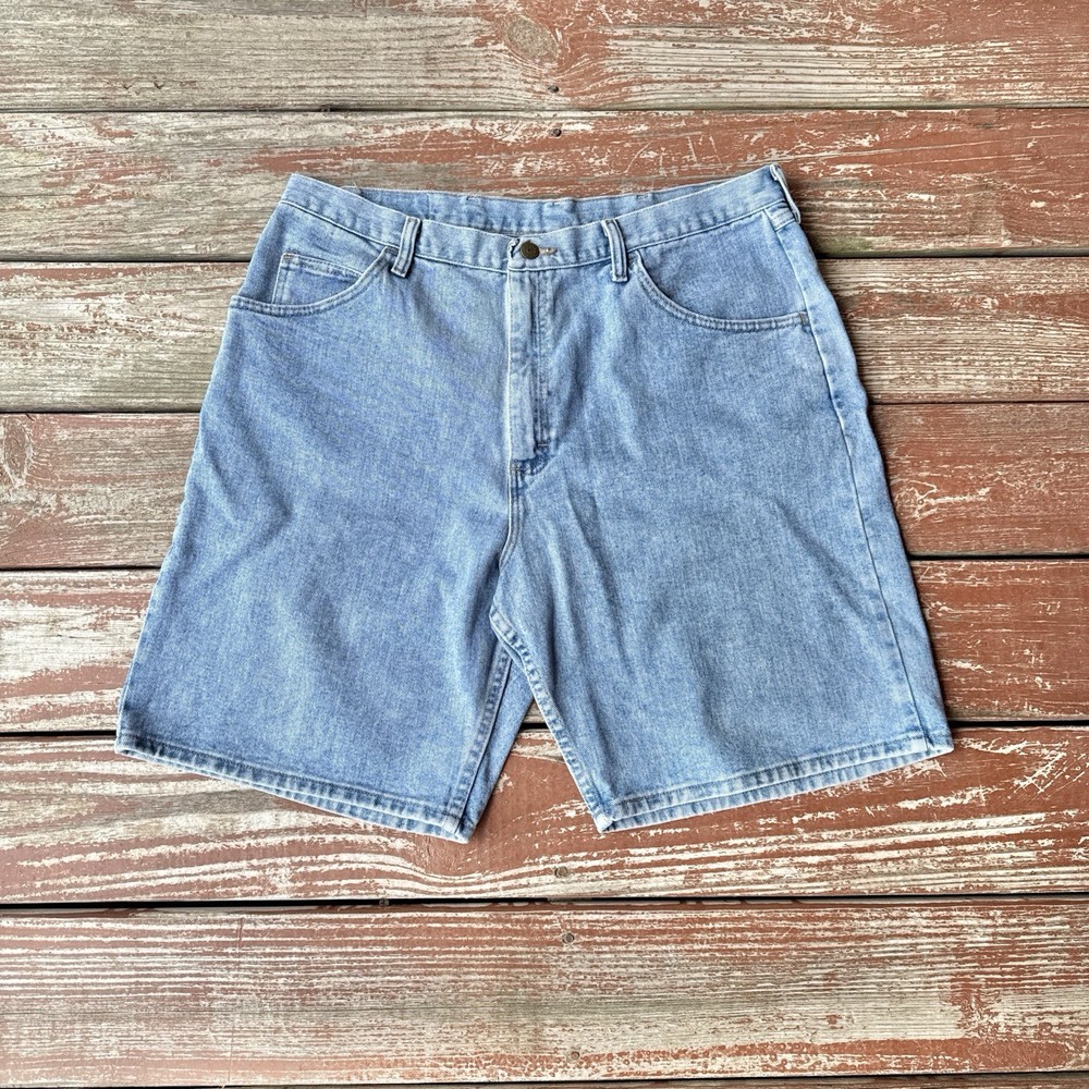 Vintage 90s Wrangler Denim Shorts Mens 38 Blue Light Wash Jean Jorts Relaxed Fit
