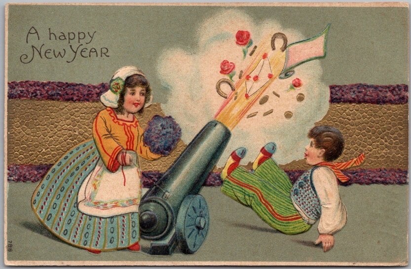 Vintage HAPPY NEW YEAR Embossed Postcard Boy & Girl Firing Good Luck Cannon-image