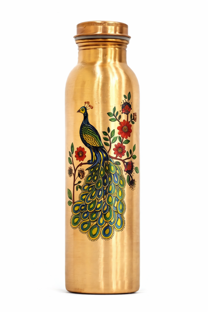 Pure Copper Water Bottle with Peacock Print | Ayurvedic Tamra Jal | Reusable