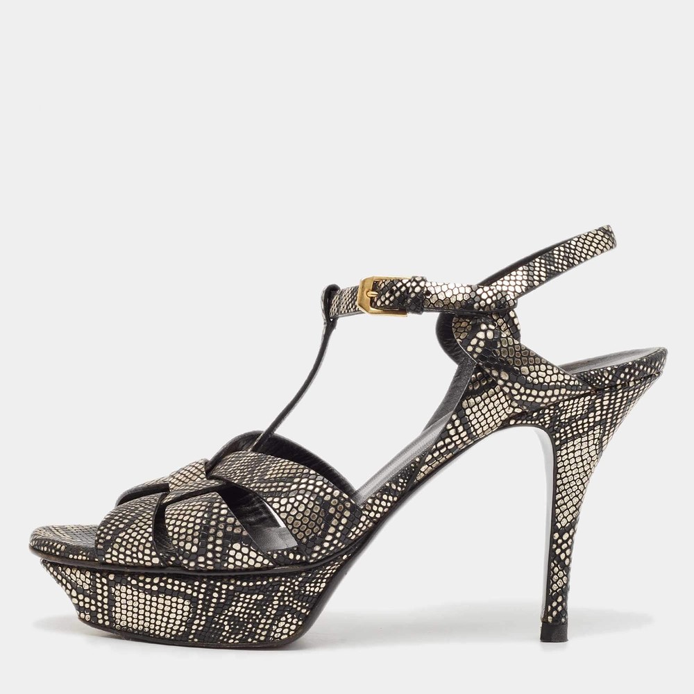 Saint Laurent BlackGold Textured Leather Tribute Sandals Size 395