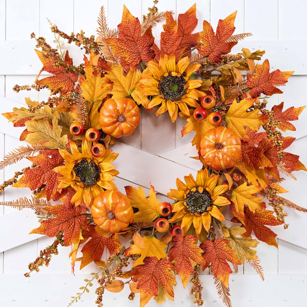 24-Inch Fall Wreath for Front Door with Pumpkins Sunflowers and Maple Leaves