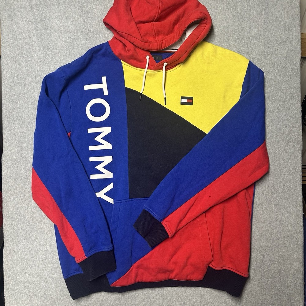 Retro Y2K Colorblock Tommy Hilfiger Logo Hoodie Sweatshirt Men's XXL Navy Blue