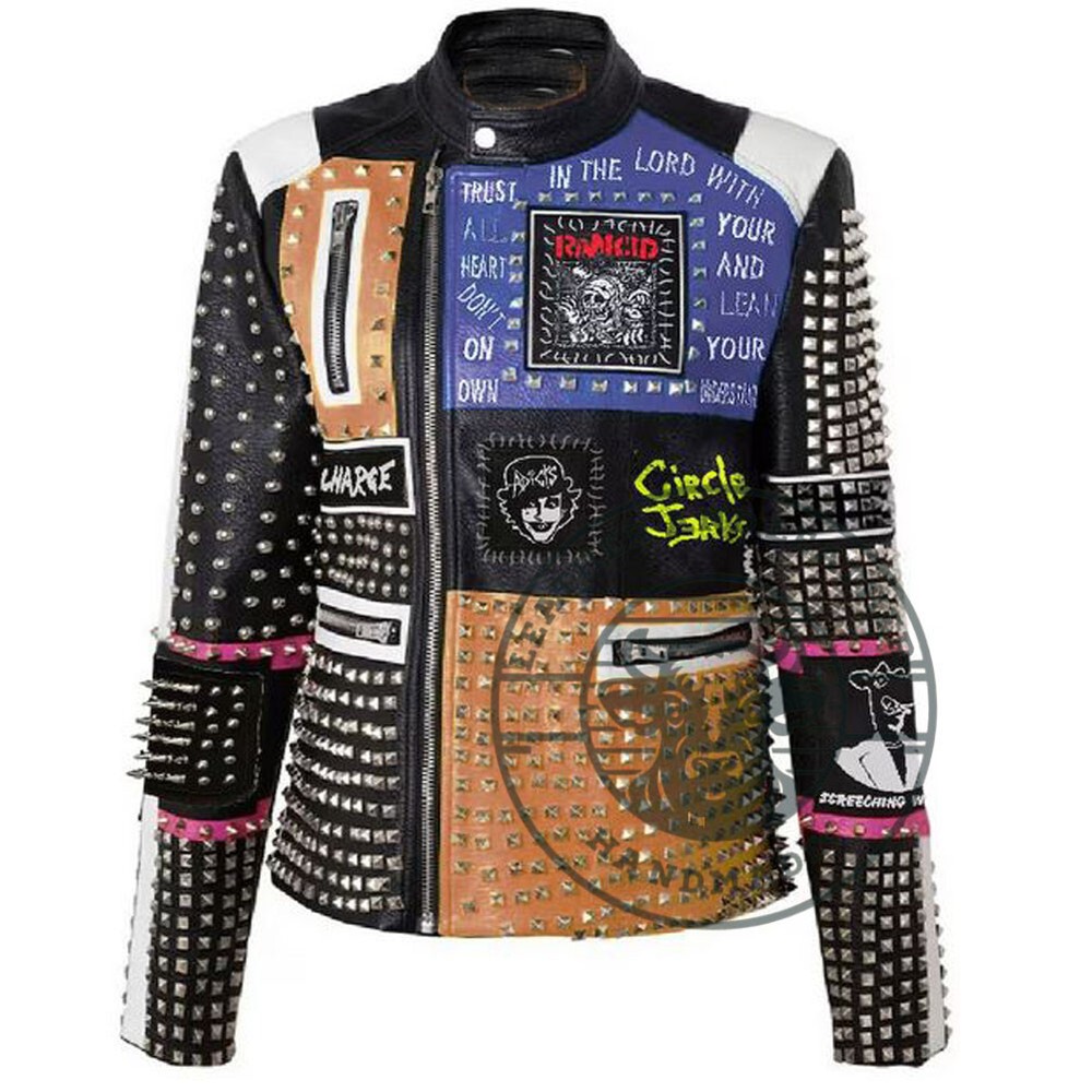 Punk Rock Multicolor Studded Gothic Pyramid Patchwork Leather Jacket