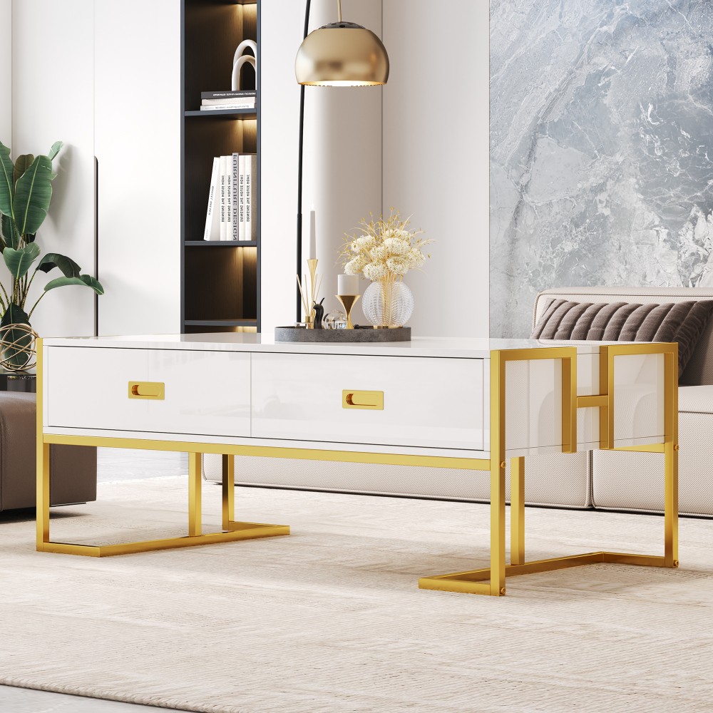 Rectangular coffee table with 4 drawers and gold-tone base