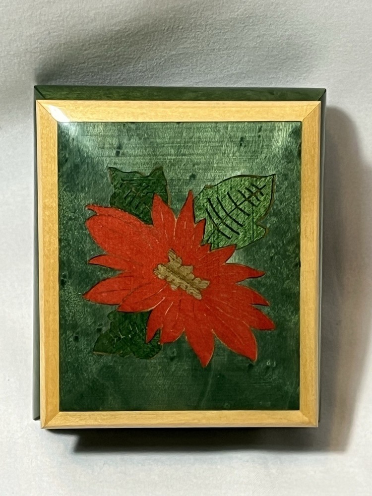 Vintage Italian Suede Wood Jewelry Box in Emerald Green with Poinsettia Design