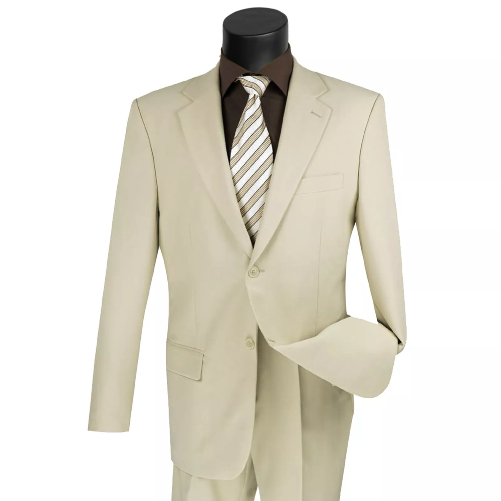 Men's Beige 2-Button Classic-Fit Polyester Formal Suit for Parties