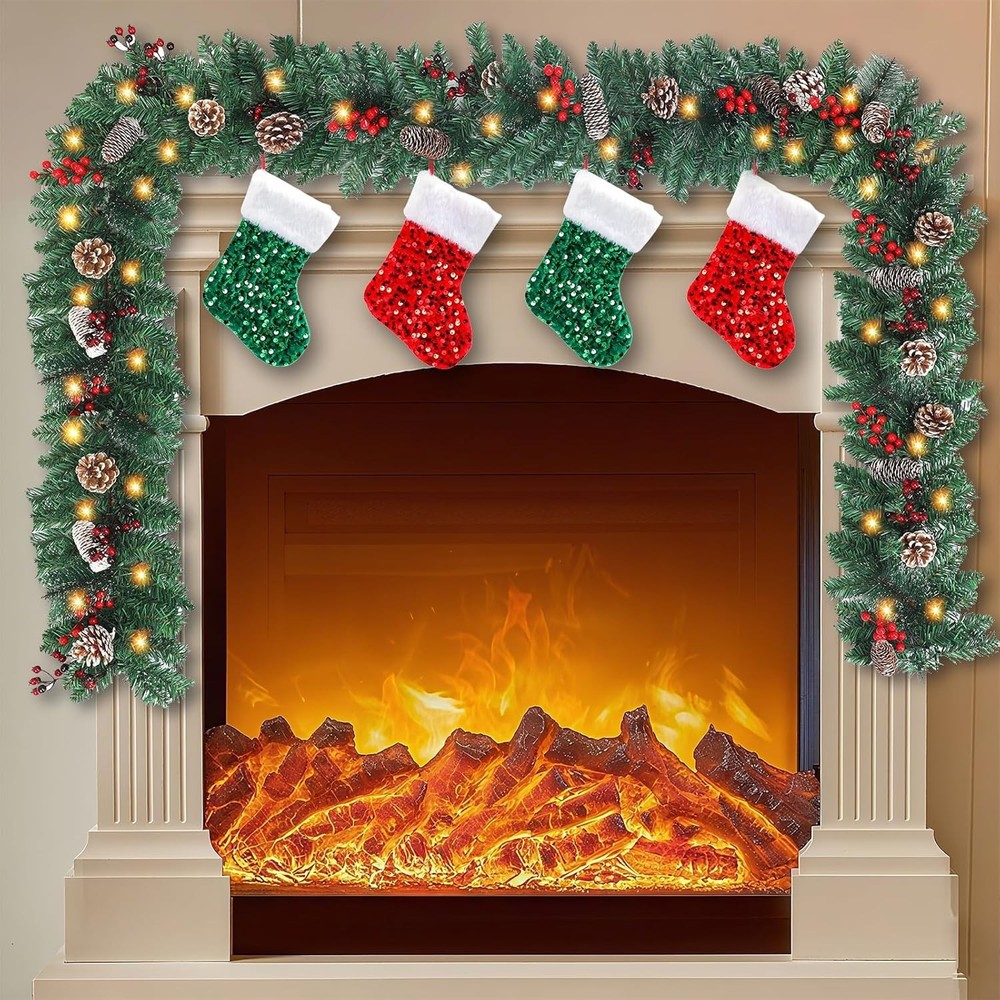 9FT Christmas Garland with Lights 50 LED 8 Modes Artificial Lighted Garland with