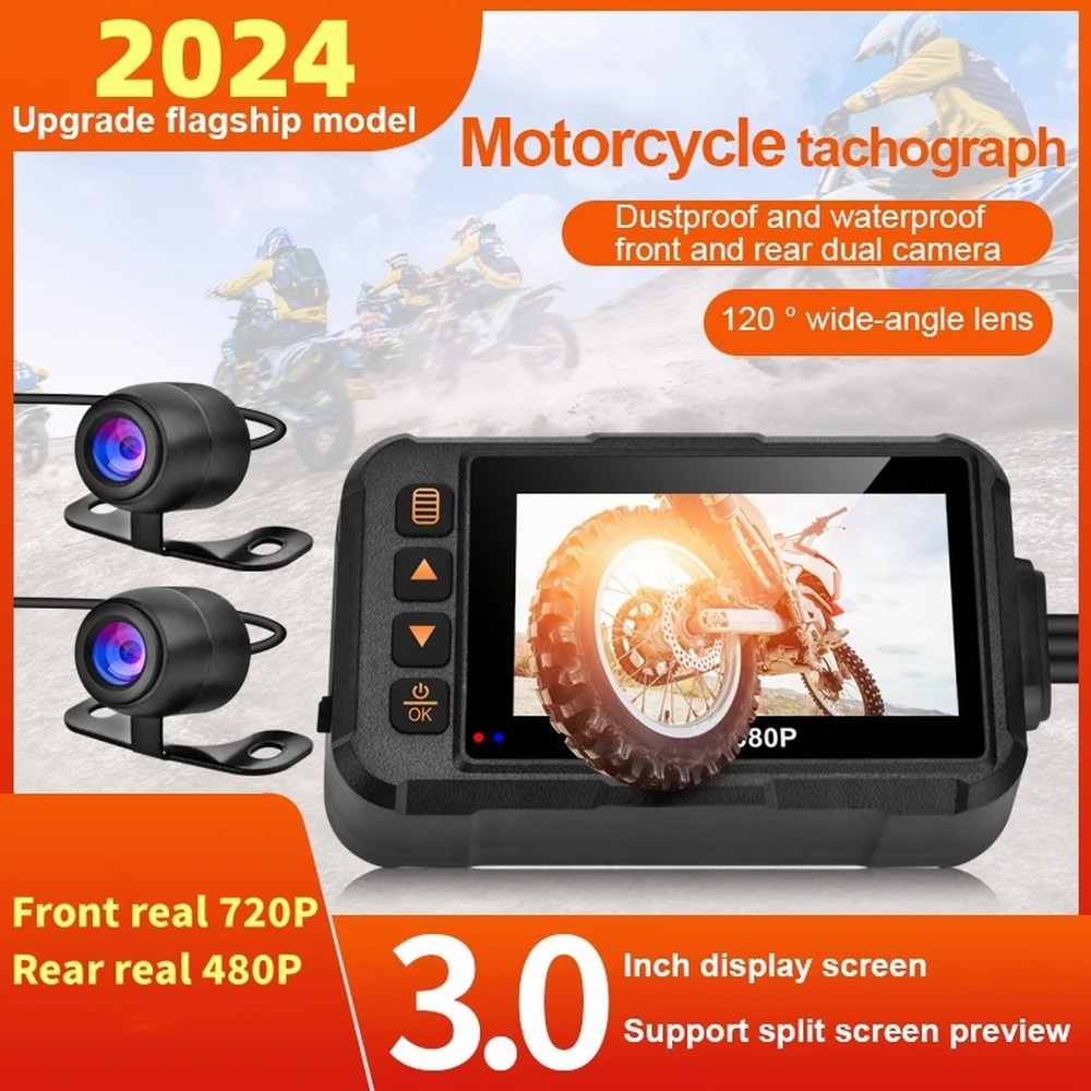 3 Inch Motorcycle Dashcam Waterproof Front 720P Rear 480P Night Vision
