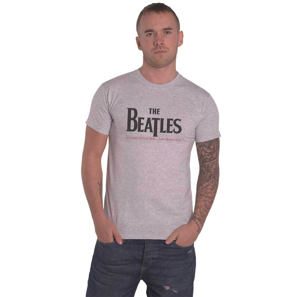 Official Beatles Grey Men’s T-Shirt with Candlestick Park Back Print Logo