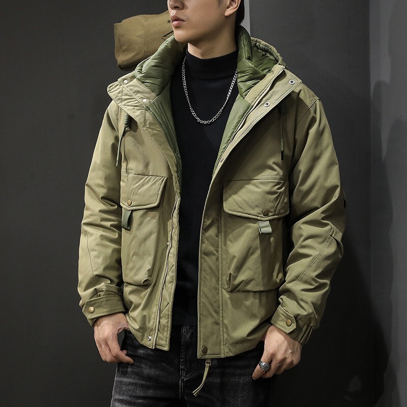 Winter Retro Workwear Jacket Men's 90 White Duck Down Outdoor Warm Hooded Jacket