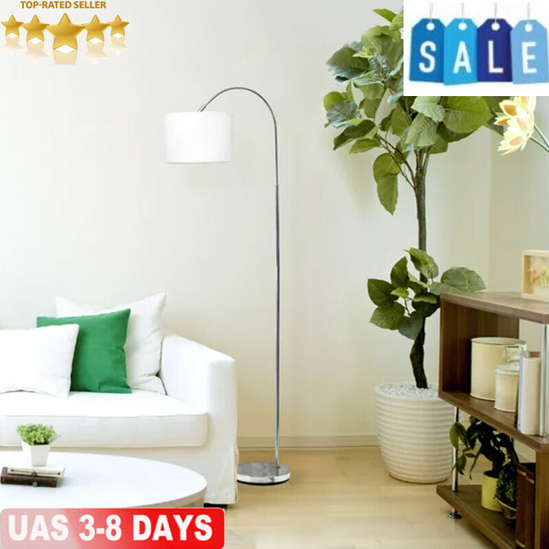 Modern Floor Standing Slant Lamp W/ Fabric Drum Shade Study Brushed Nickel New