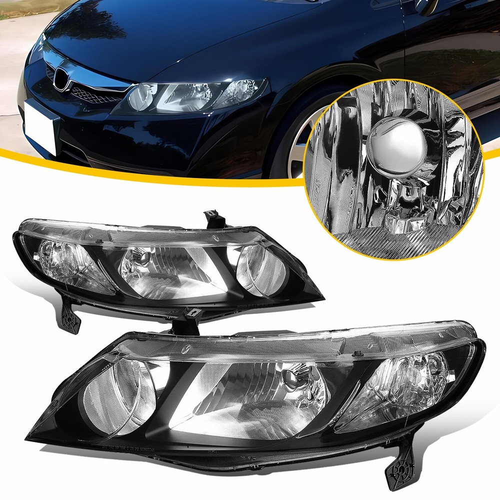 Black Clear Headlights Assembly For 2006-2011 Honda Civic Sedan 4dr Model Only