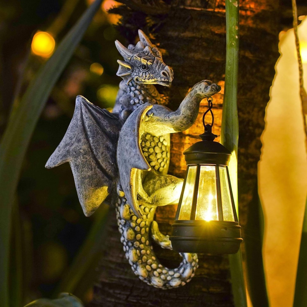 Solar Dragon Tree Hugger -9.3-in Resin Dragon Statue,Outdoor Garden Decor Gift-