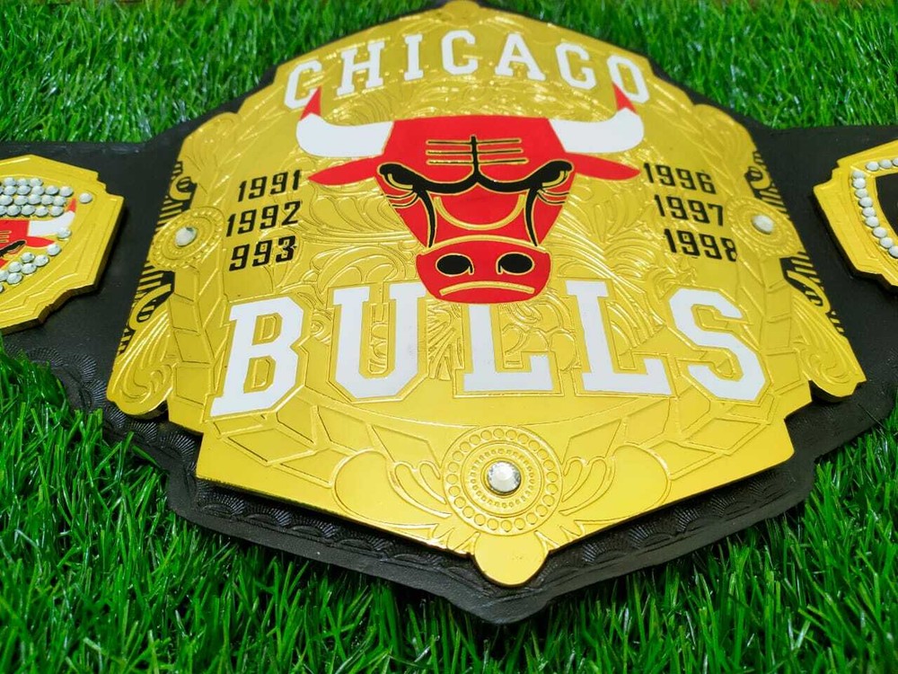 CHICAGO BULLS WRESTLING CHAMPIONSHIP BELT BRAS PLATED BLACK LEATHER STRAP ADULT