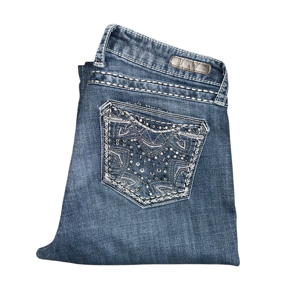 Wrangler Rock 47 Embroidered Rhinestone Bootcut Jeans Juniors Low Rise Blue Size 9-36