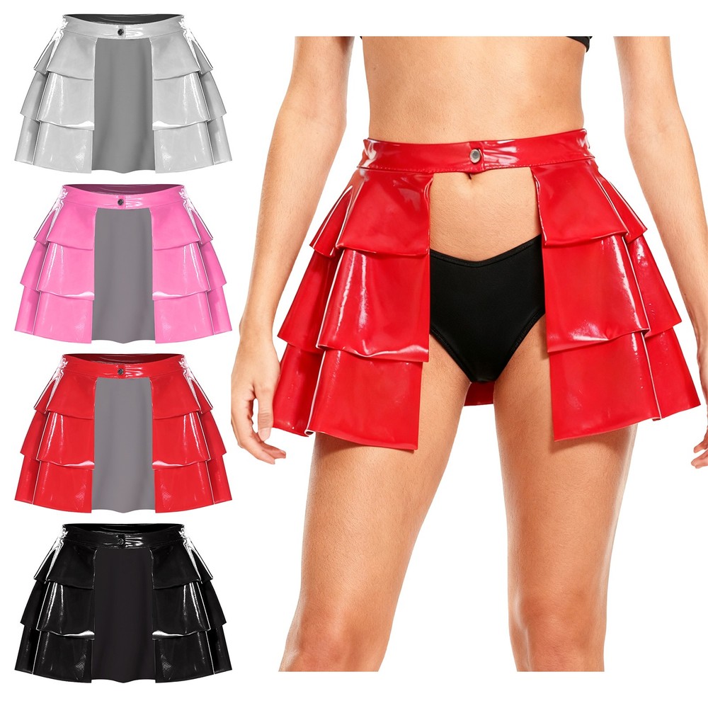 US Women's Patent Leather Tiered Hem Open Front Mini Skirt Adjustable Waist Belt