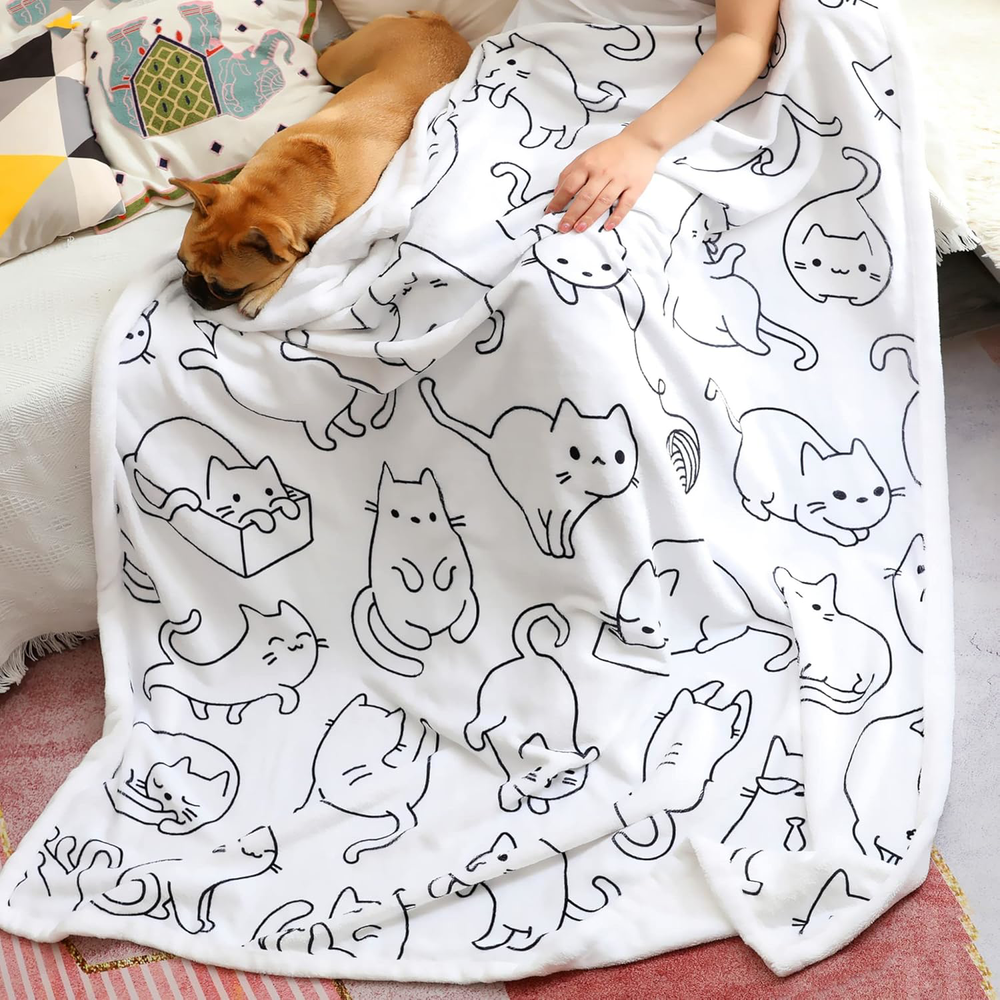 Cat Blanket for Cat Lovers Soft Flannel White Cats Pattern 50