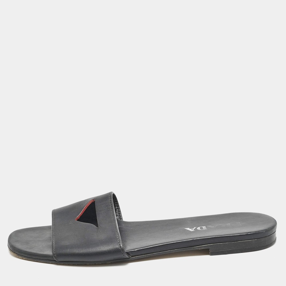 Prada Black Leather Slide Flat Sandals Size 39