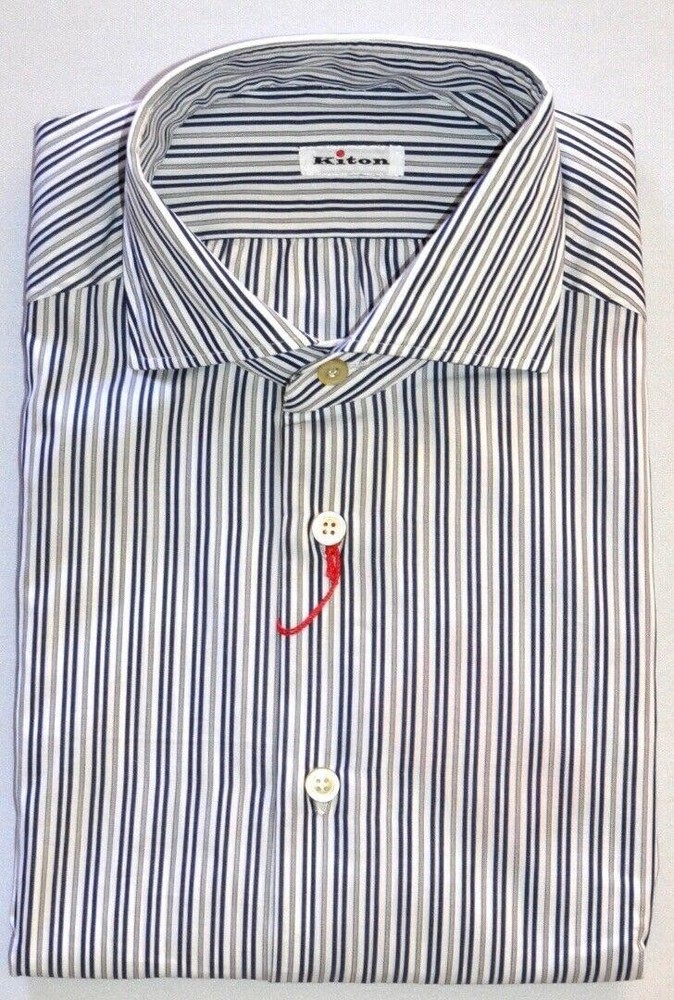 KITON Mens White Navy Stripe French Cuff Dress Shirt Size 17.5 NEW $600