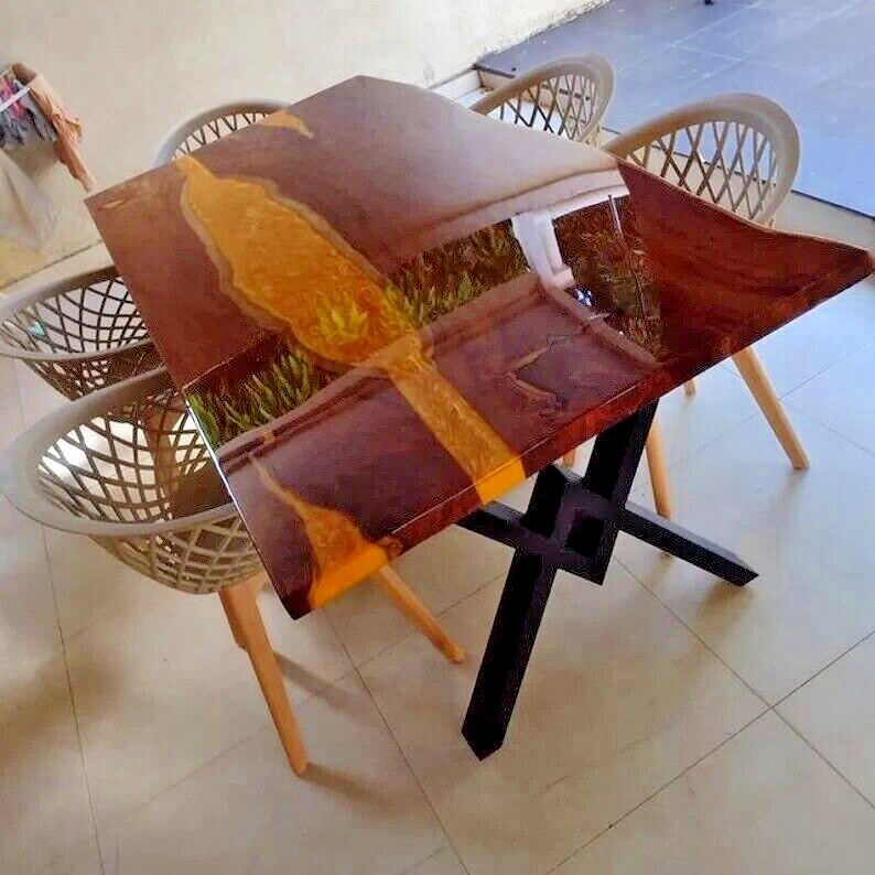 Custom Yellow Epoxy Resin Coffee Table with Acacia Wood Countertop Art