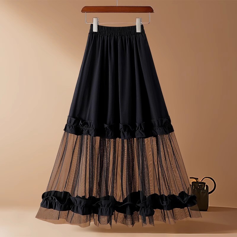 Women's Thin Mesh Elastic Waist A-Line Ruffle Gauze Skirt
