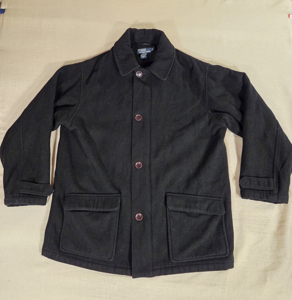 Vtg. Polo Ralph Lauren Black Wool Car Coat Field Military Men's  L